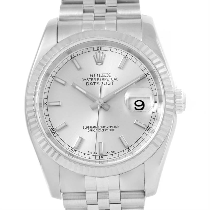 This image shows a front view of the Rolex Datejust 116234 Men's Stainless Steel Silver Dial 116234 Men's Stainless Steel Silver Dial watch, displaying the dial, hands, markers, bezel, and bracelet.