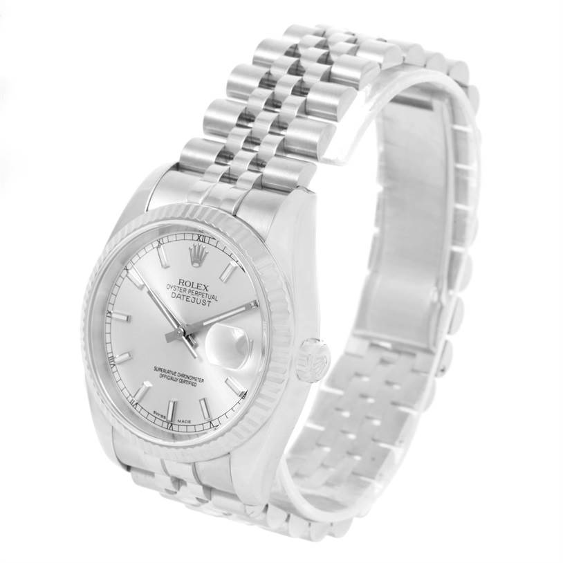 The image shows a silver Rolex Datejust 116234 Men's Stainless Steel Silver Dial 116234 Men's Stainless Steel Silver Dial watch at a 3/4 angle, highlighting the dial, wristband, and crown.