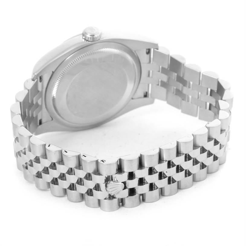 This image shows the case back and bracelet of a Rolex Datejust 116234 Men's Stainless Steel Silver Dial 116234 Men's Stainless Steel Silver Dial watch from a side and rear angle.