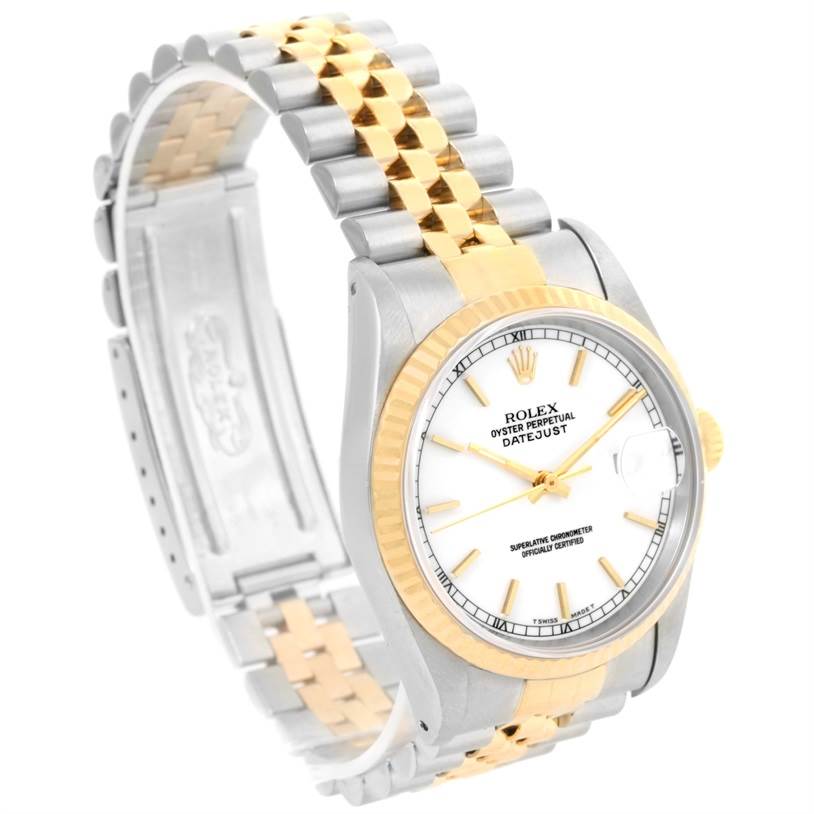 The image shows a Rolex Datejust 16233 Men's Steel and Gold (two tone) White Dial 16233 Men's Steel and Gold (two tone) White Dial watch angled from the front and side, displaying the dial, bezel, and Jubilee bracelet.