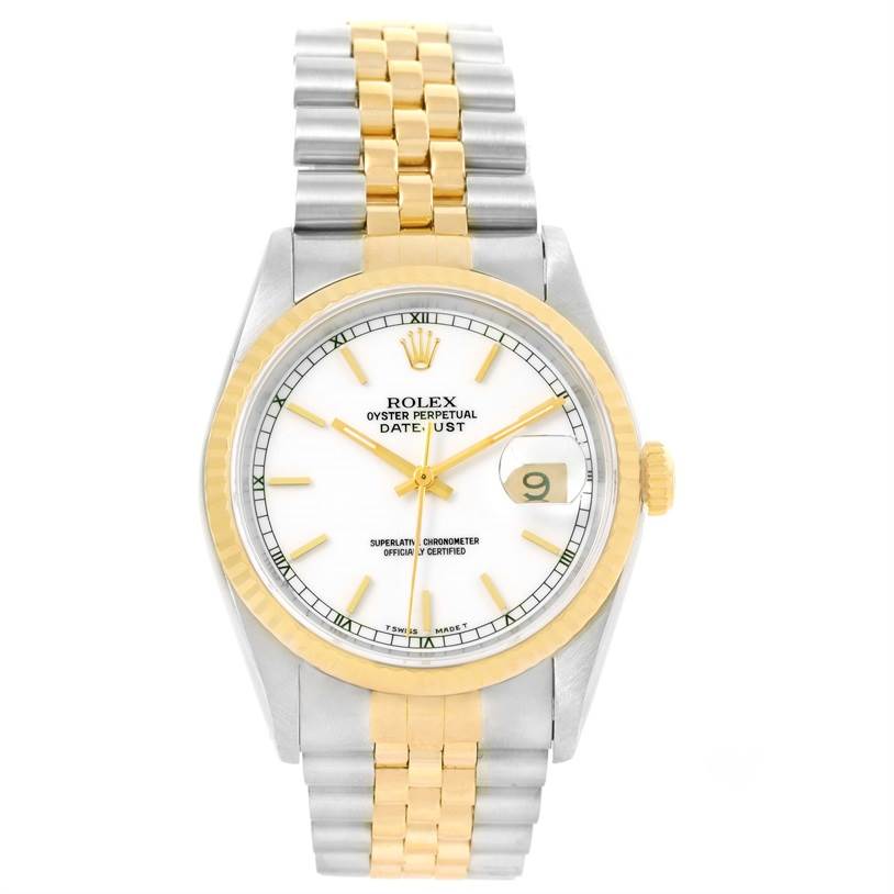 This image shows a front view of a Rolex Datejust 16233 Men's Steel and Gold (two tone) White Dial 16233 Men's Steel and Gold (two tone) White Dial watch, highlighting the dial, bezel, and two-tone bracelet.