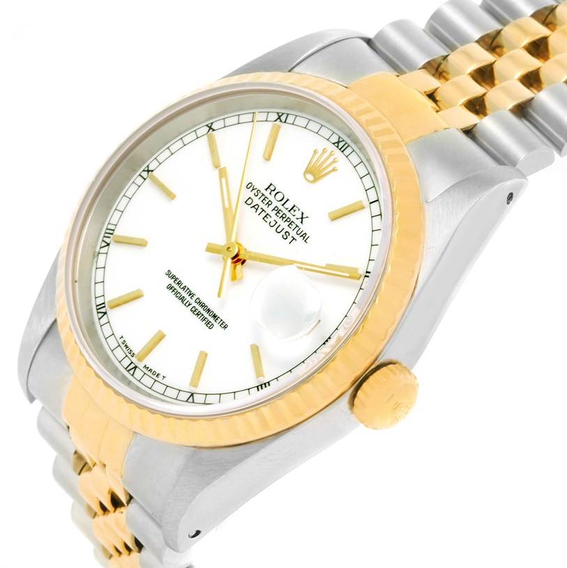 The Rolex Datejust 16233 Men's Steel and Gold (two tone) White Dial 16233 Men's Steel and Gold (two tone) White Dial watch is shown at a slight angle, displaying the face, bezel, crown, and part of the bracelet.