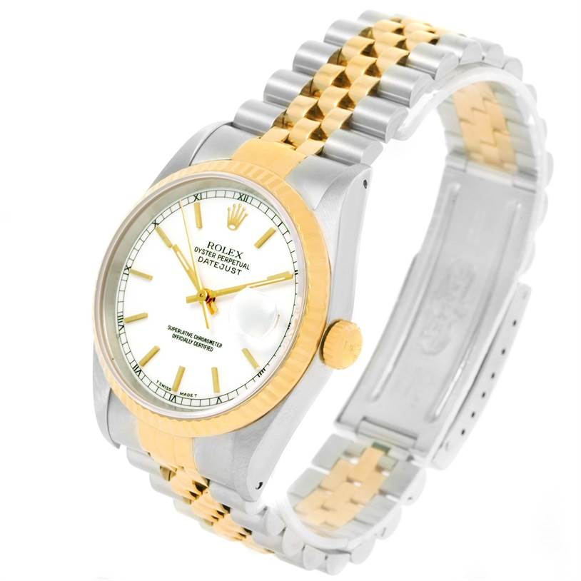 This Rolex Datejust 16233 Men's Steel and Gold (two tone) White Dial 16233 Men's Steel and Gold (two tone) White Dial watch is shown at a three-quarter angle, featuring the face, bezel, crown, and two-tone bracelet.