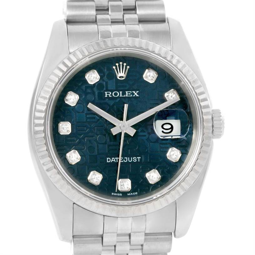 This image shows a front view of a Rolex Datejust 116234 Men's Stainless Steel Blue Dial 116234 Men's Stainless Steel Blue Dial watch, highlighting its dial, case, and bracelet.