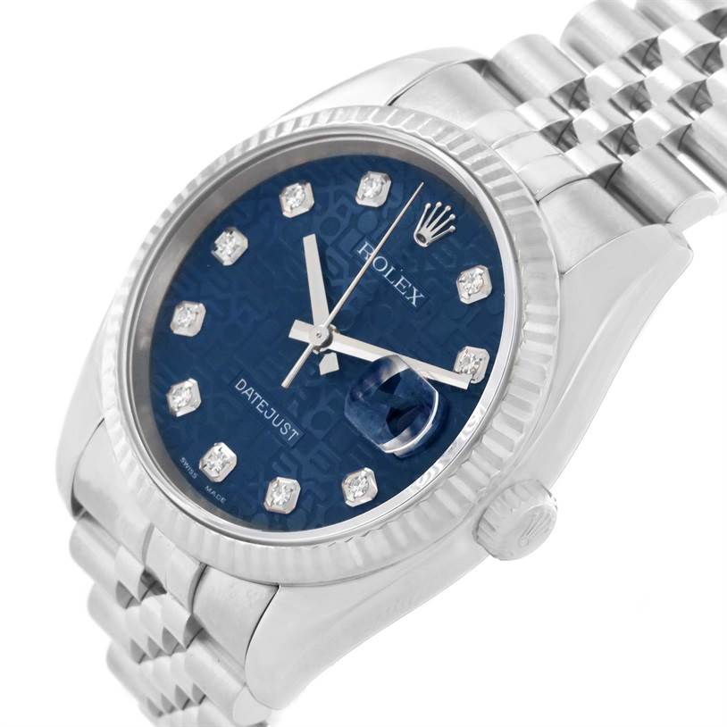 The image shows a close-up angled view of the Rolex Datejust 116234 Men's Stainless Steel Blue Dial 116234 Men's Stainless Steel Blue Dial watch, featuring its blue dial, diamond hour markers, fluted bezel, and Jubilee bracelet.