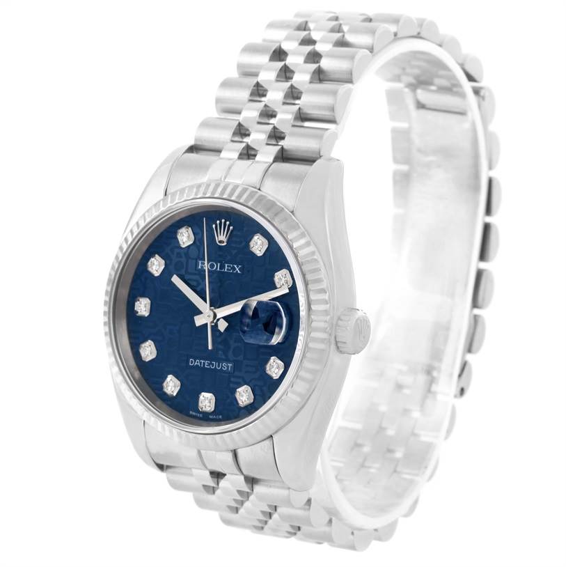 The image shows a Rolex Datejust 116234 Men's Stainless Steel Blue Dial 116234 Men's Stainless Steel Blue Dial watch at a 3/4 angle, featuring the dial, bezel, and part of its bracelet.
