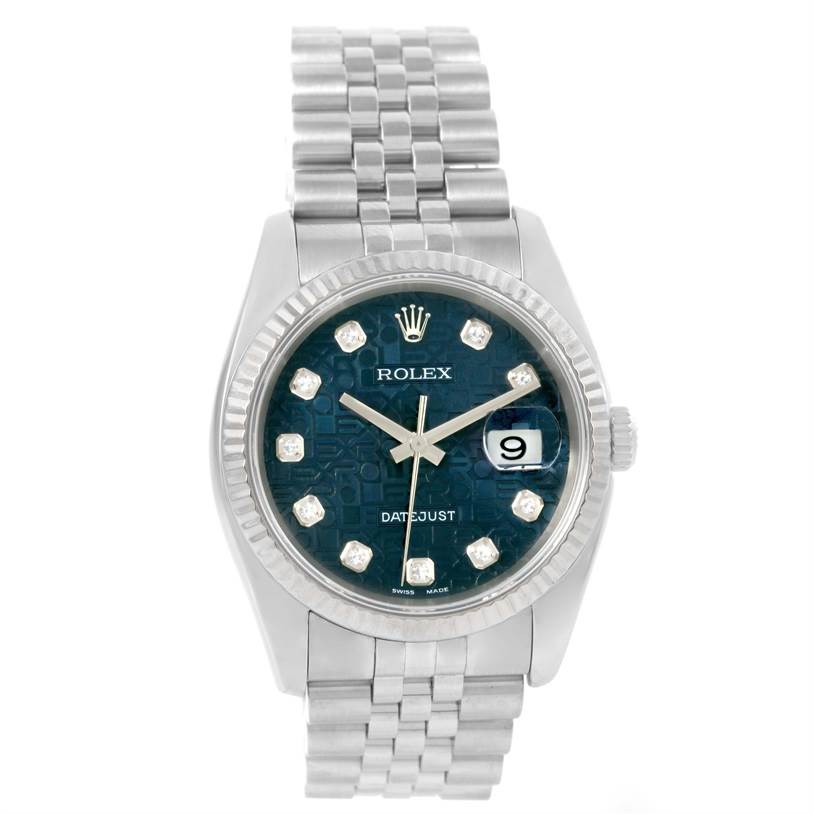 The image shows a frontal view of a Rolex Datejust 116234 Men's Stainless Steel Blue Dial 116234 Men's Stainless Steel Blue Dial watch, highlighting the dial, bezel, and bracelet.