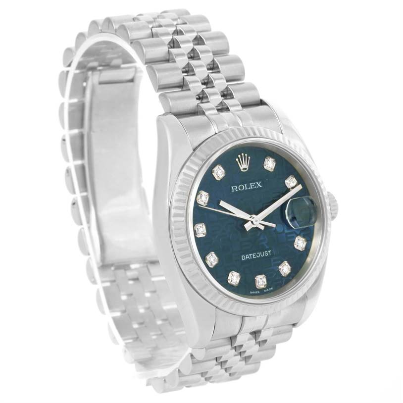The Rolex Datejust 116234 Men's Stainless Steel Blue Dial 116234 Men's Stainless Steel Blue Dial watch is shown at a three-quarter angle, displaying the face, bezel, crown, and part of the bracelet.