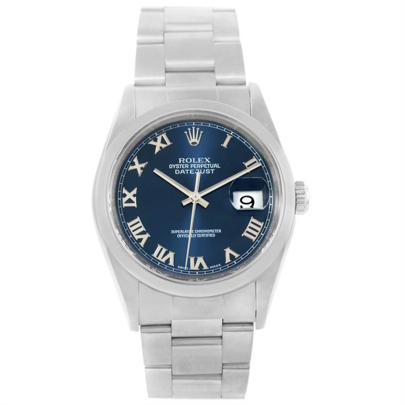 The image shows a front view of a Rolex Datejust 16200 Men's Stainless Steel Blue Dial 16200 Men's Stainless Steel Blue Dial watch featuring a blue dial, Roman numeral markers, and a date window.