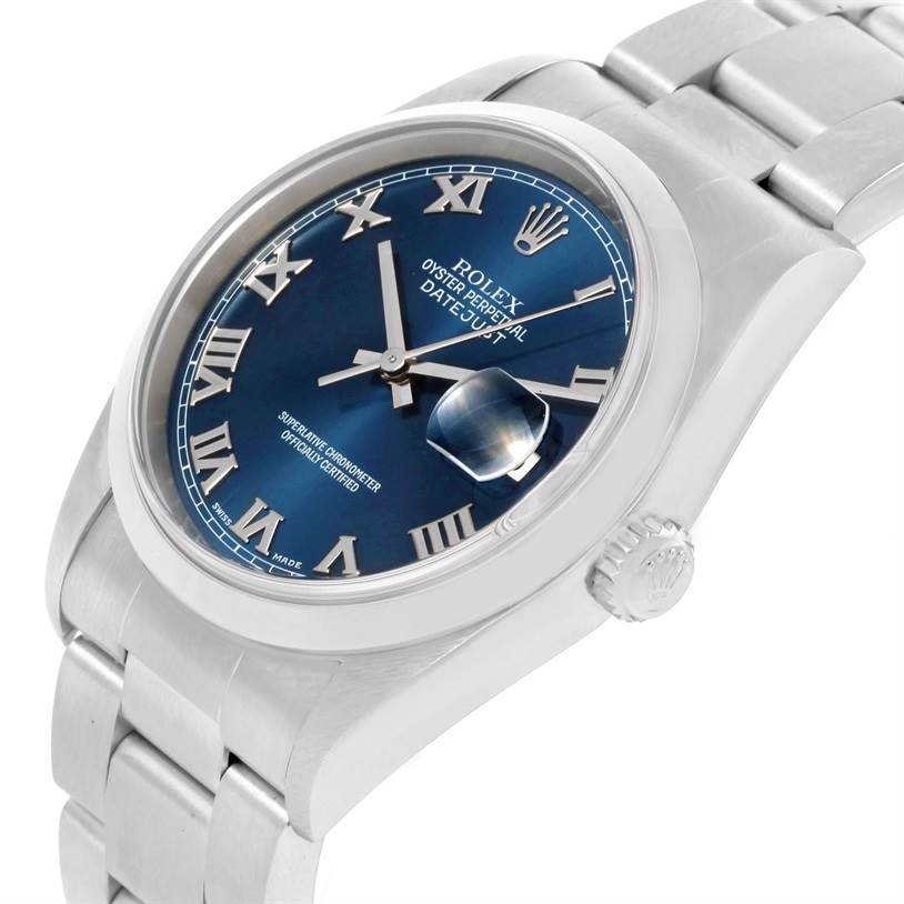 The image shows an angled view of a Rolex Datejust 16200 Men's Stainless Steel Blue Dial 16200 Men's Stainless Steel Blue Dial watch with a blue dial, Roman numerals, and a stainless steel bracelet.