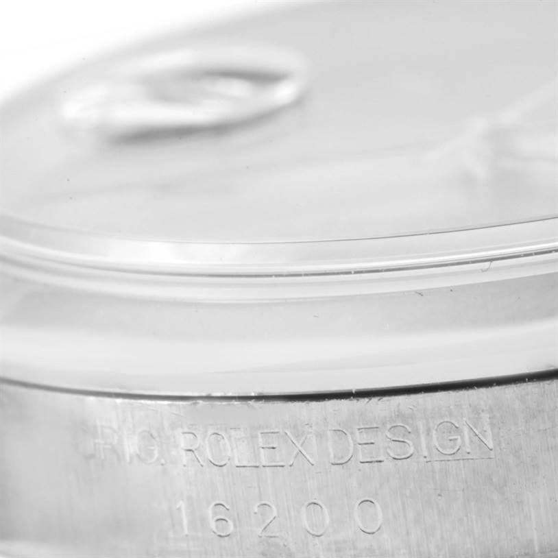 The image shows a close-up of the case side of a Rolex Datejust 16200 Men's Stainless Steel Silver Dial 16200 Men's Stainless Steel Silver Dial model, featuring the engraved design number 16200.