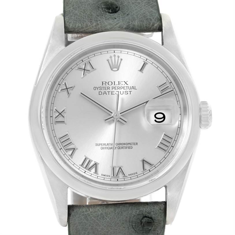 The image shows a Rolex Datejust 16200 Men's Stainless Steel Silver Dial 16200 Men's Stainless Steel Silver Dial watch from a top-down angle, highlighting the dial, date window, and part of the strap.
