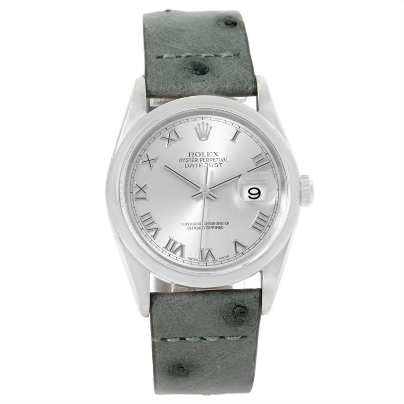 The image shows a front view of a Rolex Datejust 16200 Men's Stainless Steel Silver Dial 16200 Men's Stainless Steel Silver Dial watch, displaying its dial, hour markers, hands, bezel, and crown.