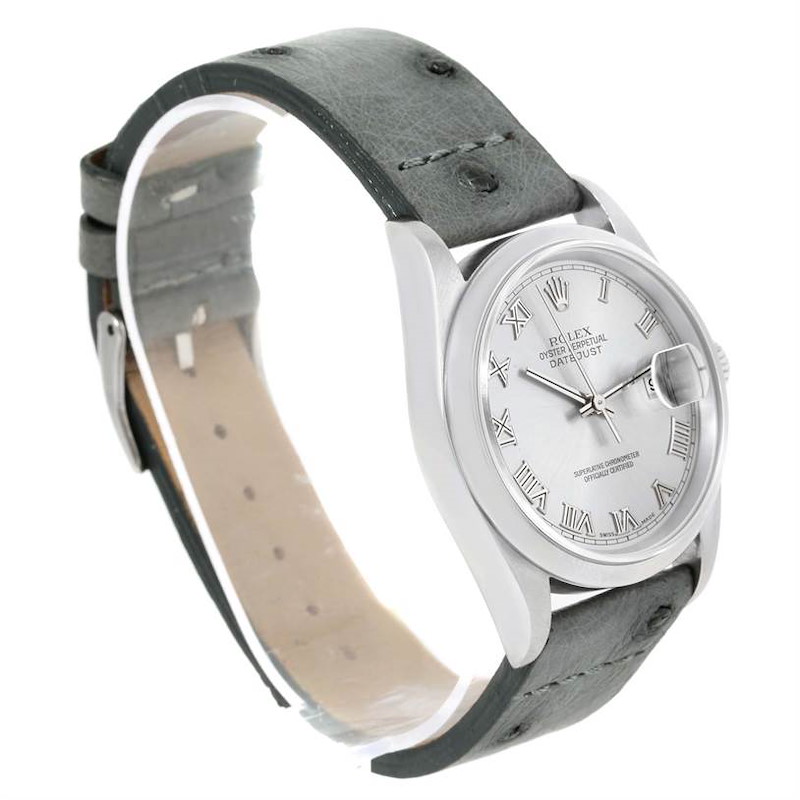 Rolex Datejust Steel Silver Roman Dial Leather Strap Mens Watch 16200 SwissWatchExpo