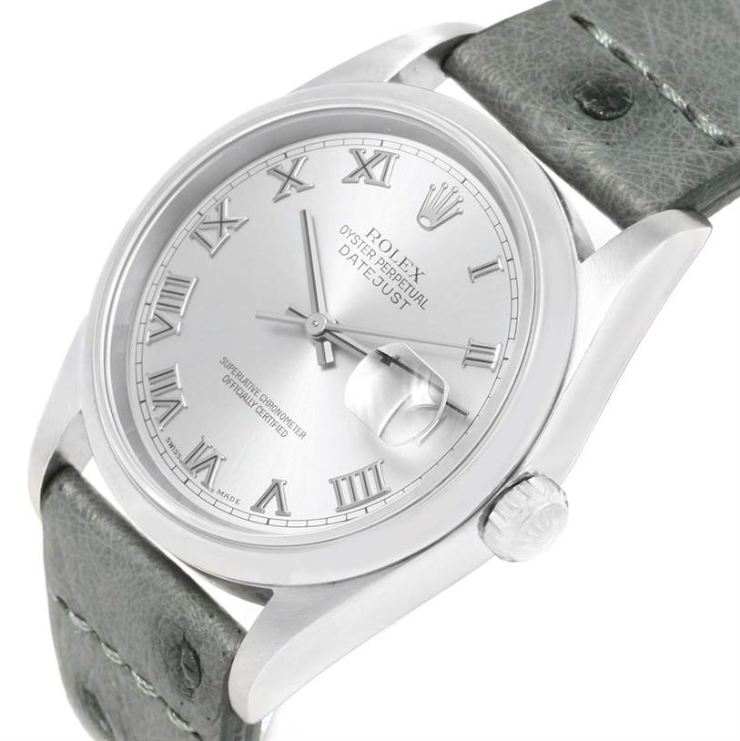 The Rolex Datejust 16200 Men's Stainless Steel Silver Dial 16200 Men's Stainless Steel Silver Dial watch is shown from a slight angle, highlighting the face, crown, and leather strap.