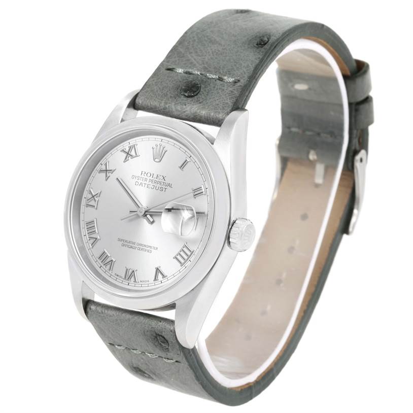 This Rolex Datejust 16200 Men's Stainless Steel Silver Dial 16200 Men's Stainless Steel Silver Dial watch is shown at an angle displaying the dial, crown, and leather strap.