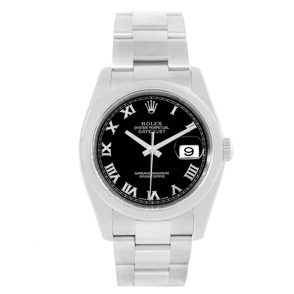 The image shows a front view of a Rolex Datejust 116200 Men's Stainless Steel Black Dial 116200 Men's Stainless Steel Black Dial watch, highlighting the dial, hour markers, and bracelet.