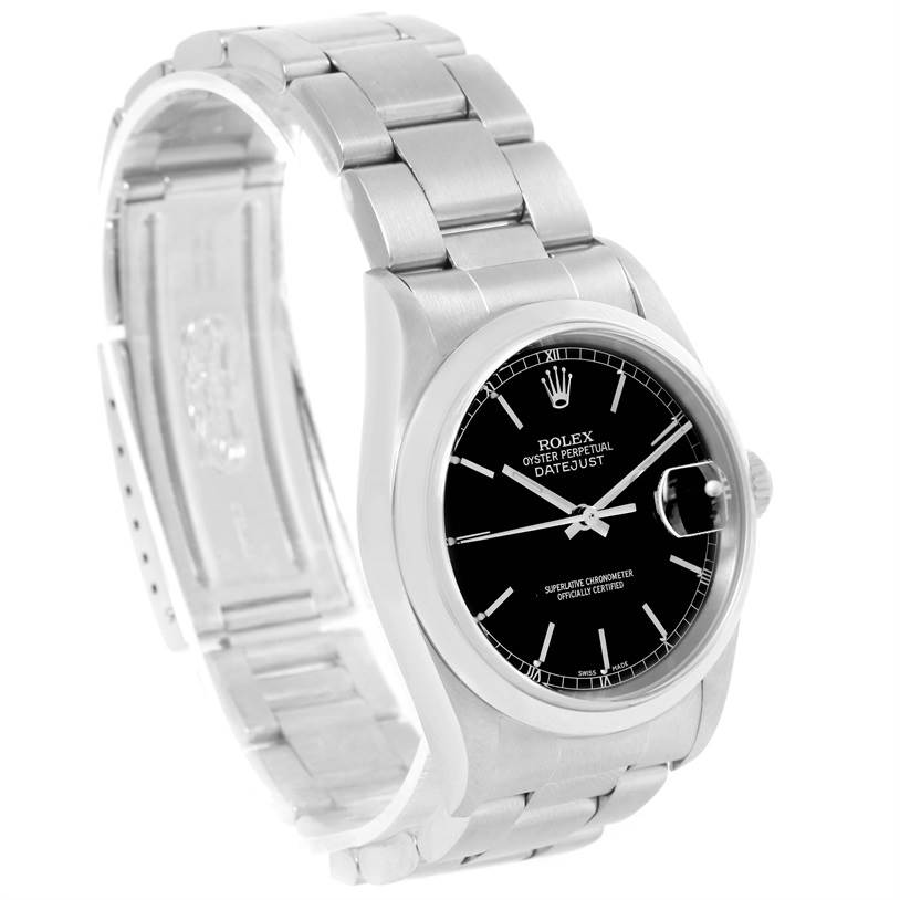 The Rolex Datejust 16200 Men
s Stainless Steel Black Dial 16200 Men
s Stainless Steel Black Dial watch is shown at a slight angle, highlighting the face, bezel, and part of the bracelet.