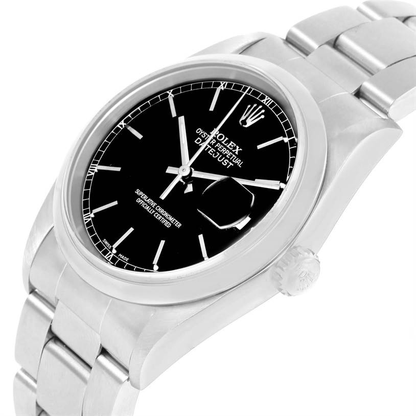 The image shows a Rolex Datejust 16200 Men
s Stainless Steel Black Dial 16200 Men
s Stainless Steel Black Dial watch angled from the front-left, highlighting the dial, crown, and stainless steel bracelet.