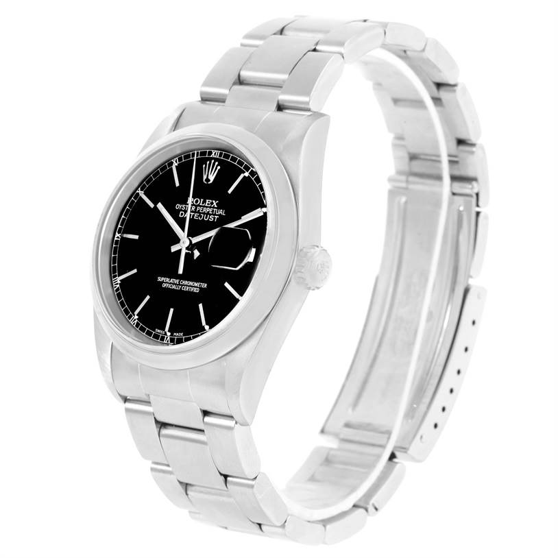 The image shows a Rolex Datejust 16200 Men
s Stainless Steel Black Dial 16200 Men
s Stainless Steel Black Dial watch from a front-left angle, highlighting its black dial and stainless steel bracelet.