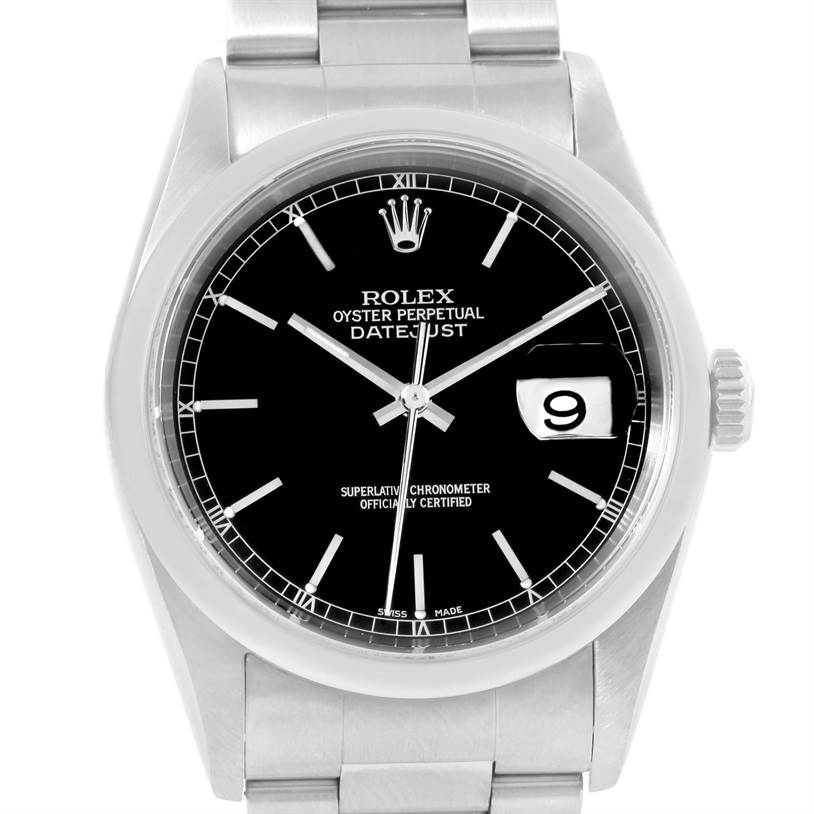 This image shows a Rolex Datejust 16200 Men
s Stainless Steel Black Dial 16200 Men
s Stainless Steel Black Dial watch from a front angle, highlighting its black dial, date window, and stainless steel bracelet.