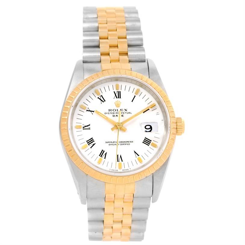 The image shows a Rolex Datejust 15223 Men's Steel and Gold (two tone) White Dial 15223 Men's Steel and Gold (two tone) White Dial watch from a top-down angle, displaying the face, bezel, and two-tone bracelet fully.