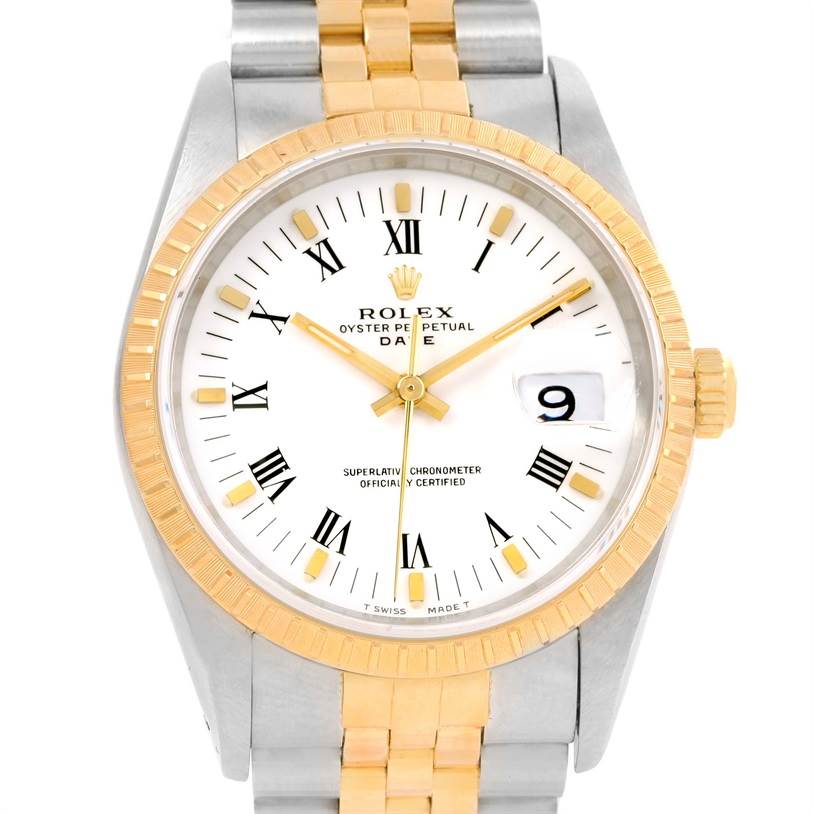 The image shows a frontal view of a Rolex Datejust 15223 Men's Steel and Gold (two tone) White Dial 15223 Men's Steel and Gold (two tone) White Dial model, displaying its two-tone bracelet, fluted bezel, and white dial with Roman numerals.