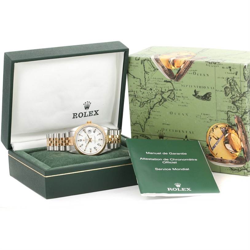 The image shows a Rolex Datejust 15223 Men's Steel and Gold (two tone) White Dial 15223 Men's Steel and Gold (two tone) White Dial watch at a slight angle in an open box, alongside its packaging and manuals.