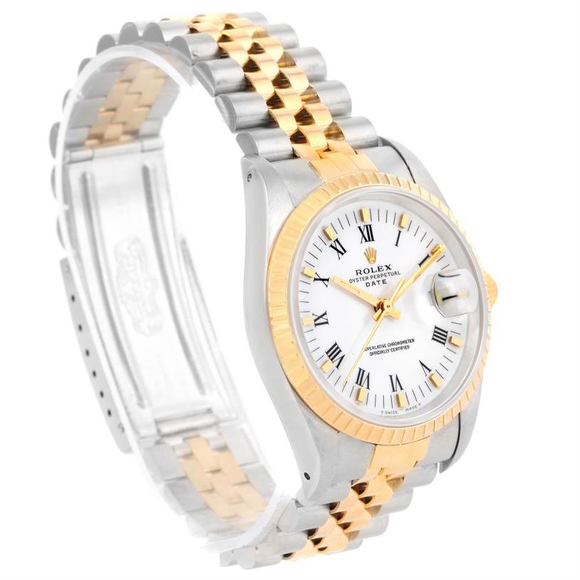 This Rolex Datejust 15223 Men's Steel and Gold (two tone) White Dial 15223 Men's Steel and Gold (two tone) White Dial watch is shown at a 3/4 angle, displaying the dial, bezel, case, and jubilee bracelet.