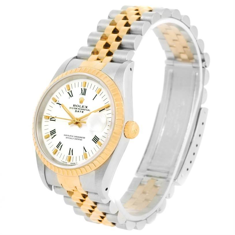 The image shows a Rolex Datejust 15223 Men's Steel and Gold (two tone) White Dial 15223 Men's Steel and Gold (two tone) White Dial watch at a front angle, displaying its stainless steel and gold bracelet, white dial, and date window.