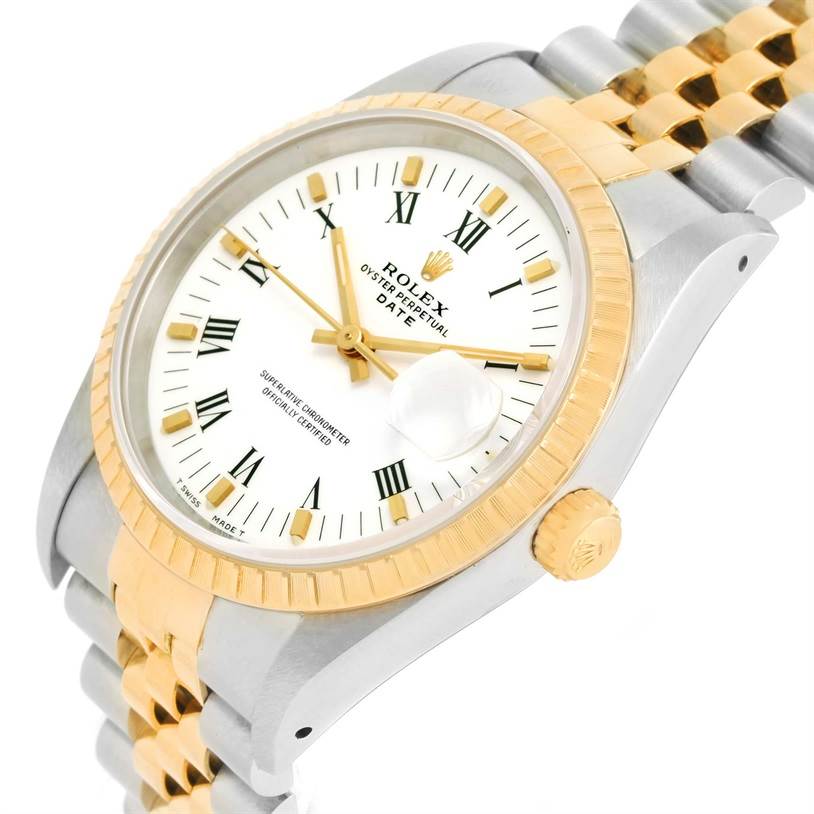 This Rolex Datejust 15223 Men's Steel and Gold (two tone) White Dial 15223 Men's Steel and Gold (two tone) White Dial watch is shown at a slight angle, highlighting the dial, bezel, crown, and part of the bracelet.