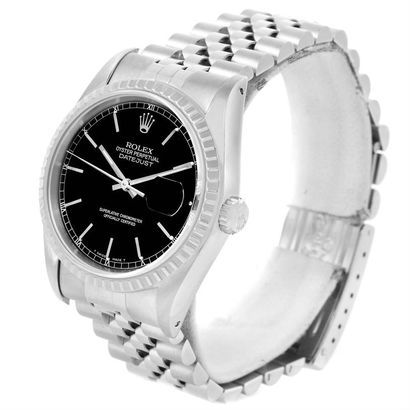 The image shows a Rolex Datejust 16220 Men
s Stainless Steel Black Dial 16220 Men
s Stainless Steel Black Dial watch angled to display the face, bezel, and part of the bracelet.