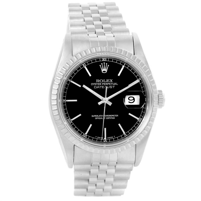 This image shows a front view of the Rolex Datejust 16220 Men
s Stainless Steel Black Dial 16220 Men
s Stainless Steel Black Dial watch, highlighting the face, date window, and band.