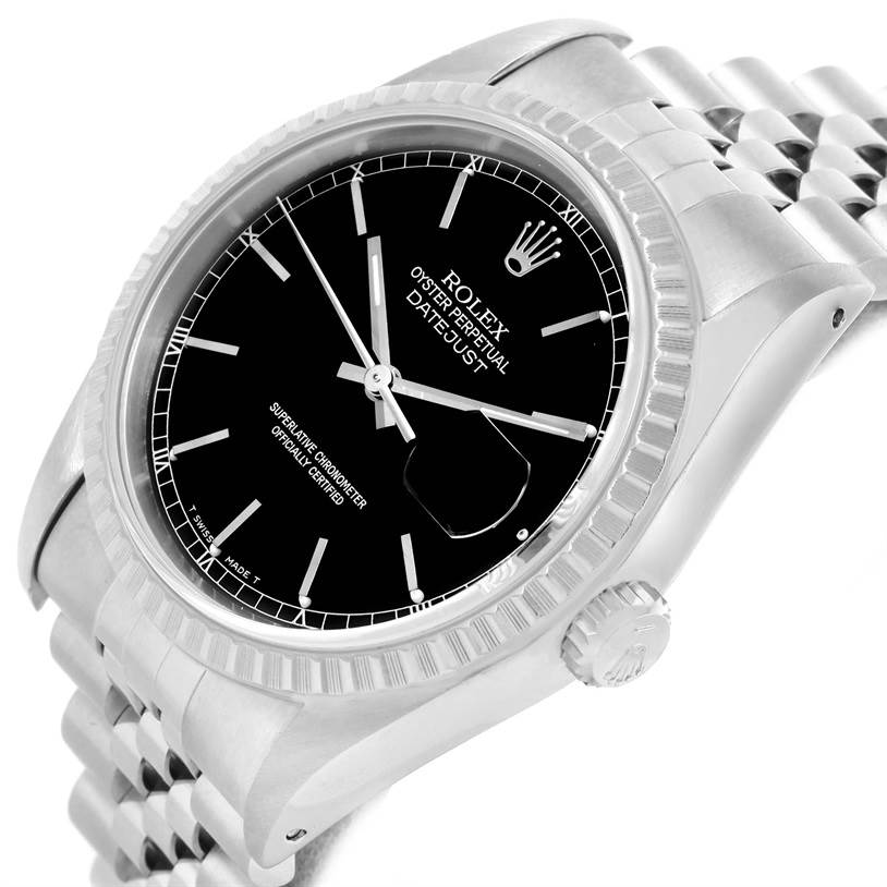 The Rolex Datejust 16220 Men
s Stainless Steel Black Dial 16220 Men
s Stainless Steel Black Dial watch is shown at an angle highlighting the dial, bezel, crown, and part of the bracelet.