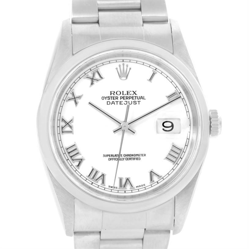The image shows the complete face and part of the bracelet of a Rolex Datejust 16200 Men
s Stainless Steel White Dial 16200 Men
s Stainless Steel White Dial watch from a top-down angle.