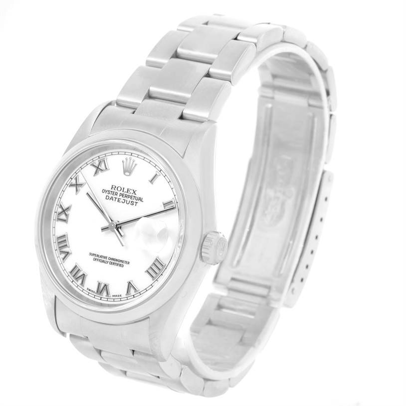 This image shows a Rolex Datejust 16200 Men
s Stainless Steel White Dial 16200 Men
s Stainless Steel White Dial watch angled slightly from the front, displaying its white dial, Roman numeral markers, and metal bracelet.