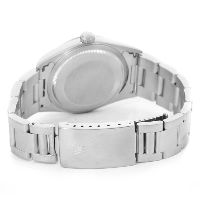 This image shows the back view of a Rolex Datejust 16200 Men
s Stainless Steel White Dial 16200 Men
s Stainless Steel White Dial watch, highlighting its case back and bracelet clasp.