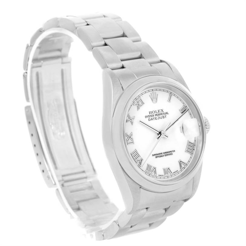 This image shows a Rolex Datejust 16200 Men
s Stainless Steel White Dial 16200 Men
s Stainless Steel White Dial watch at a three-quarter angle, highlighting the face, bezel, and partially opened bracelet.