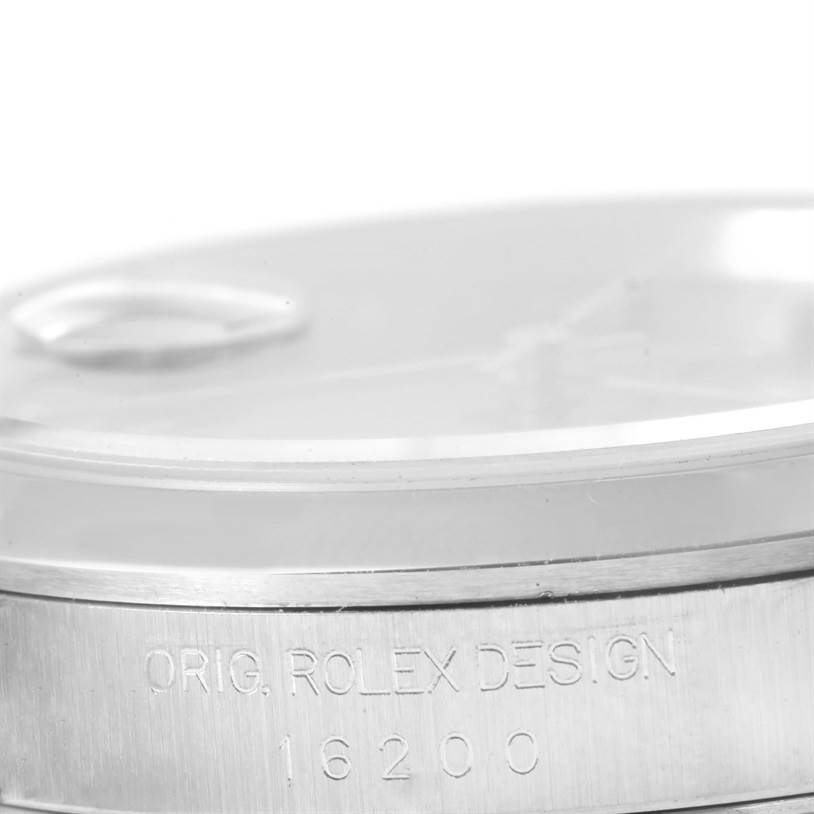 The image shows a close-up angle of the case side and bezel of the Rolex Datejust 16200 Men
s Stainless Steel Black Dial 16200 Men
s Stainless Steel Black Dial model, including the model number "16200".