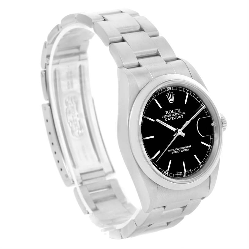 The image shows the front and side angle of a Rolex Datejust 16200 Men
s Stainless Steel Black Dial 16200 Men
s Stainless Steel Black Dial watch, highlighting its face, bezel, and bracelet.