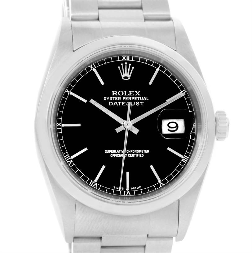The image shows a front view of the Rolex Datejust 16200 Men
s Stainless Steel Black Dial 16200 Men
s Stainless Steel Black Dial watch, highlighting its black dial, date window, and stainless steel bracelet.