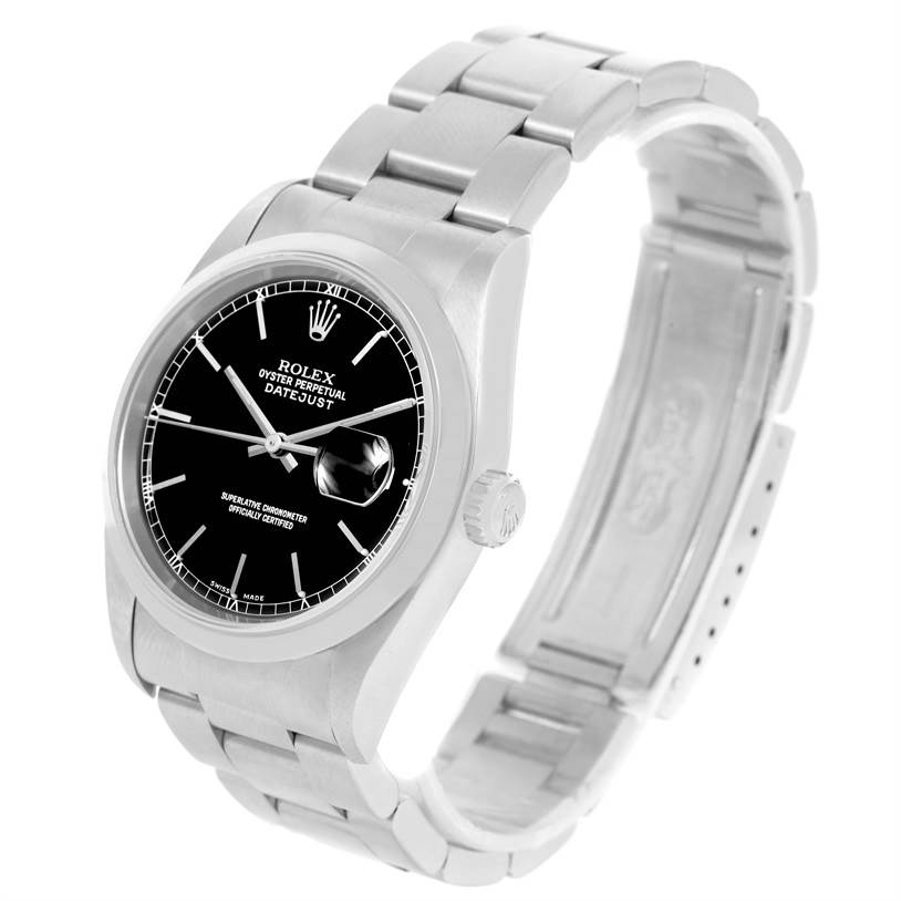 The image shows a Rolex Datejust 16200 Men
s Stainless Steel Black Dial 16200 Men
s Stainless Steel Black Dial watch from a three-quarter angle, highlighting its black dial, bracelet, and clasp.