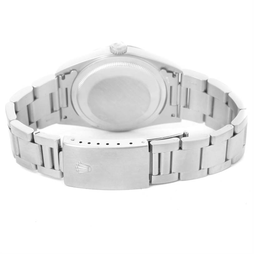 The image shows the back of a Rolex Datejust 16200 Men
s Stainless Steel Black Dial 16200 Men
s Stainless Steel Black Dial watch, highlighting the case back, bracelet, and clasp.