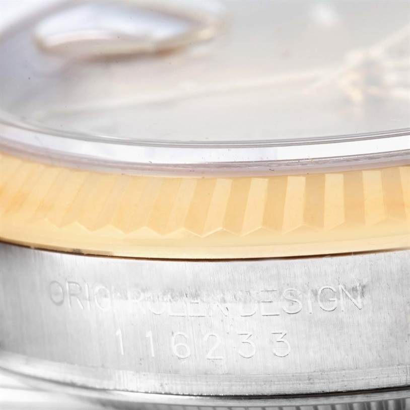 The image shows a close-up of the case, bezel, and model number 116233 of a Rolex Datejust 116233 Men's Stainless Steel Champagne Dial 116233 Men's Stainless Steel Champagne Dial watch.