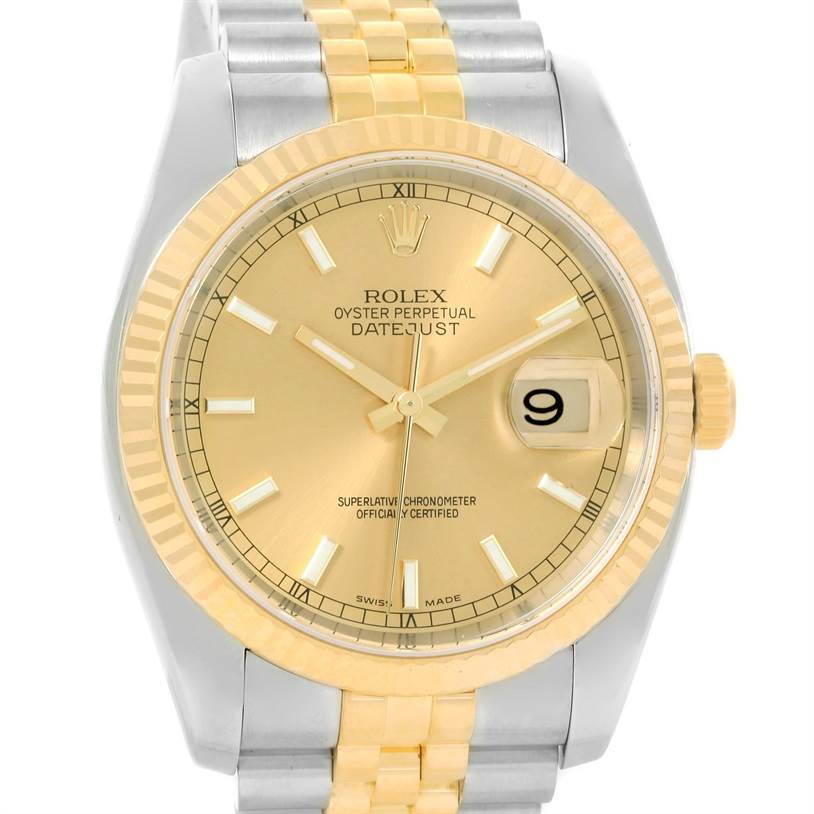 This image shows a front view of a two-tone Rolex Datejust 116233 Men's Stainless Steel Champagne Dial 116233 Men's Stainless Steel Champagne Dial watch, highlighting its dial, bezel, and part of the bracelet.