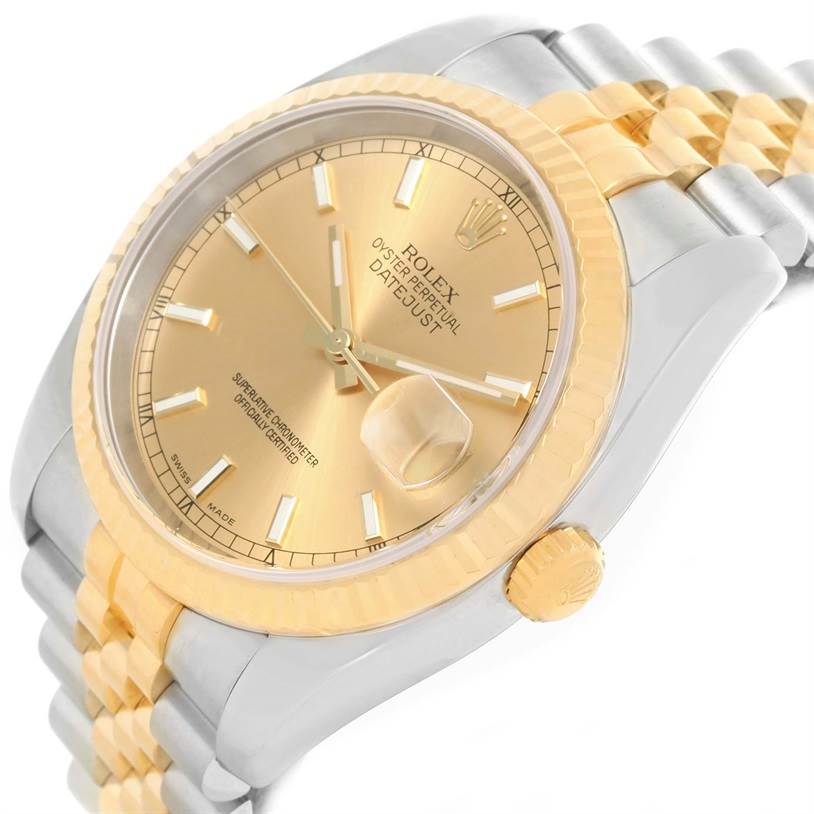 The image shows a side angle of a Rolex Datejust 116233 Men's Stainless Steel Champagne Dial 116233 Men's Stainless Steel Champagne Dial watch, highlighting the gold bezel, crown, and part of the bracelet.