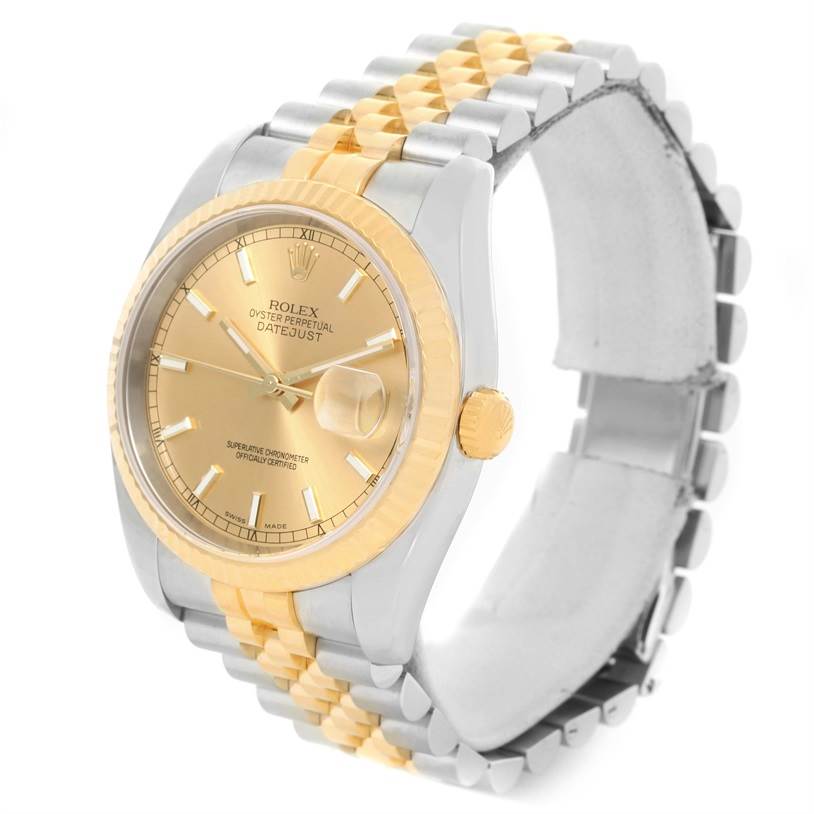 This image shows a Rolex Datejust 116233 Men's Stainless Steel Champagne Dial 116233 Men's Stainless Steel Champagne Dial model watch at a three-quarter angle emphasizing the gold and silver bracelet and champagne dial.