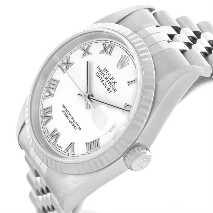 This Rolex Datejust 16234 Men
s Stainless Steel White Dial 16234 Men
s Stainless Steel White Dial watch is shown from a slightly tilted side angle, highlighting the bezel, crown, and part of the bracelet.