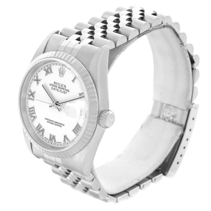 The image shows a Rolex Datejust 16234 Men
s Stainless Steel White Dial 16234 Men
s Stainless Steel White Dial watch at an angled side view, revealing the dial, bezel, crown, and Jubilee bracelet.
