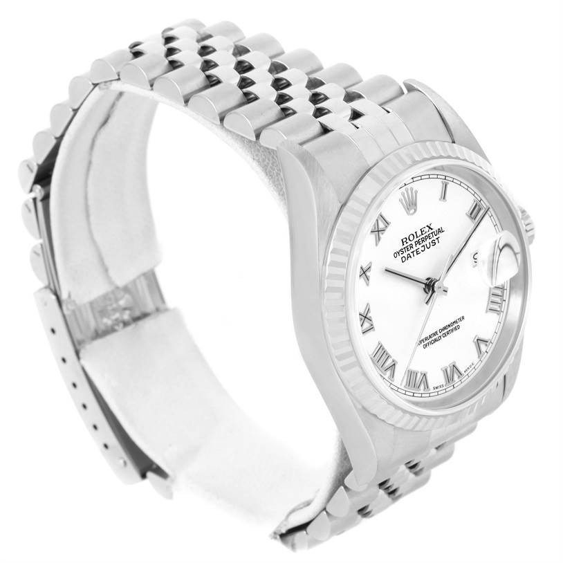The image shows a Rolex Datejust 16234 Men
s Stainless Steel White Dial 16234 Men
s Stainless Steel White Dial watch at a three-quarter angle, highlighting the face, case, and bracelet.